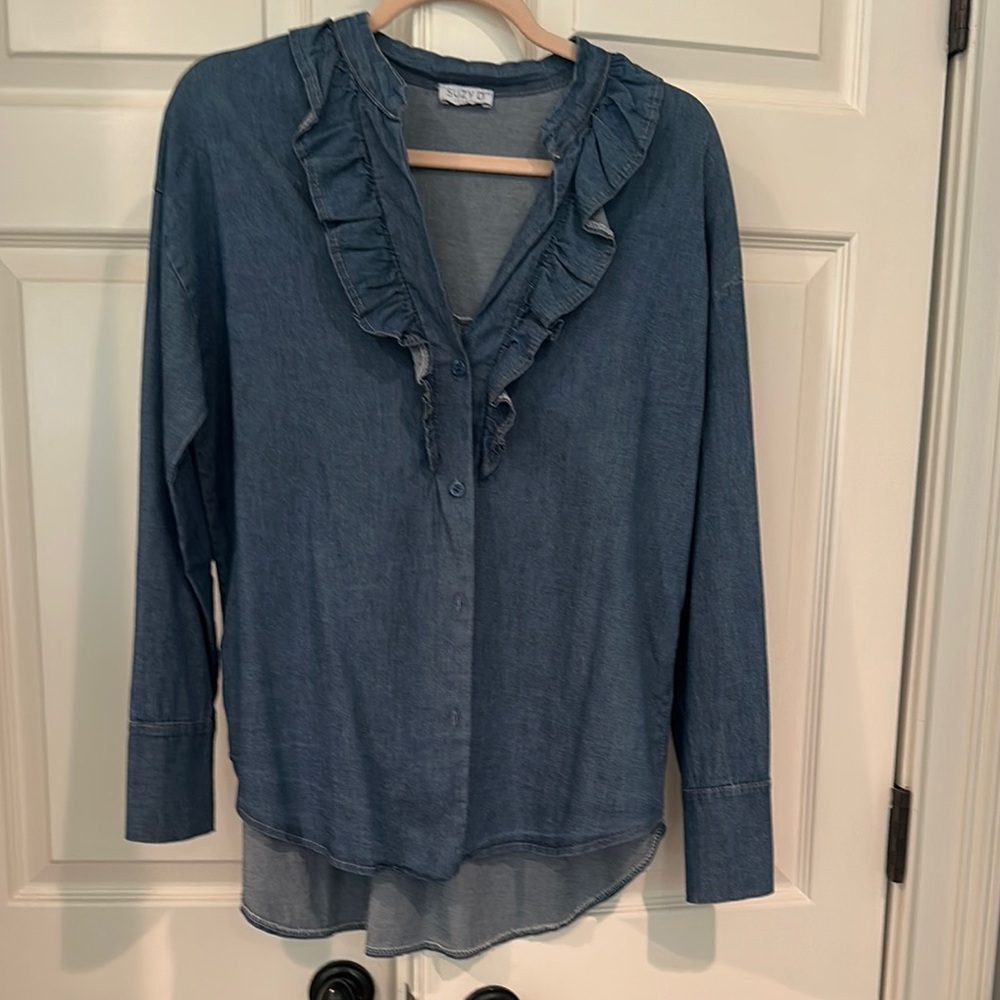 Blue Ruffled Tie Front Long Sleeve Blouse